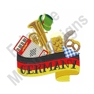 Pode incluir: Uma fita amarela, vermelha e preta com a palavra "GERMANY" em letras pretas. A fita é decorada com um acordeon vermelho, uma tuba dourada, um pretzel, um guardanapo xadrez azul e branco e uma caneca de cerveja.