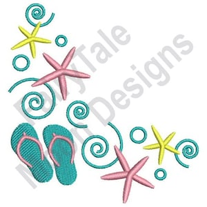 May include: Embroidered design featuring turquoise flip flops, pink and yellow starfish, and blue swirls. This design is perfect for summer crafts and projects.