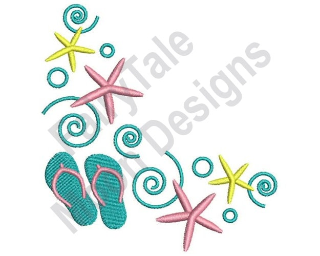 Strand Flip Flop Sandalen - Maschinenstickerei, Strand Ecke Stickmuster, Strand Sandalen und Seestern Bordüre Stickdatei