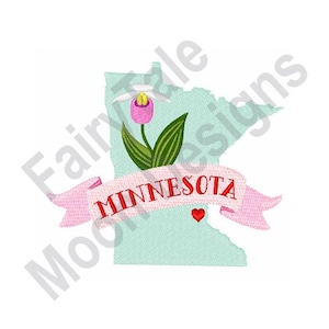 Carte de l'État du Minnesota - motif de broderie Machine, motif de broderie fleur d'État Lady Slipper orchidée, motif de broderie North Star State