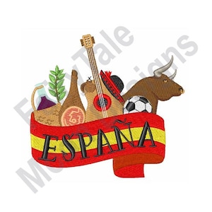 Puede incluir: Una cinta roja y amarilla con la palabra "ESPAÑA" en letras negras. La cinta está decorada con un toro, una guitarra, una botella de vino, un jamón y un balón de fútbol.