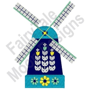 Folk Art Windmill - Machine Embroidery Design, Dutch Windmill Embroidery Pattern, Folk Art Tulips Embroidery Design, Country Windmill Design