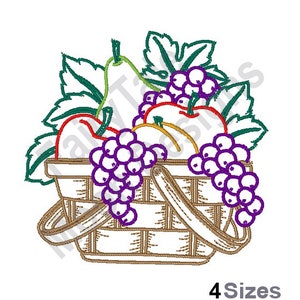 Fruit Basket - Machine Embroidery Design, Red Grapes, Apples, Peaches, Pears Outline Embroidery Pattern, Fruit Harvest Embroidery Design