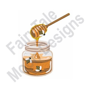 May include: A glass jar filled with honey, with a wooden honey dipper dripping honey into the jar. There are three bees around the jar and dipper.