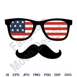 May include: A black silhouette of a mustache with sunglasses featuring the American flag.