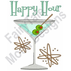 Happy Hour Cocktail - Machine Embroidery Design, Martini Cocktail Drink Embroidery Pattern, Cocktail Olives Embroidery Design
