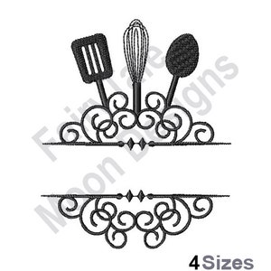 Monograma de marco dividido para utensilios de cocina: diseño de bordado a máquina, espátula, cuchara mezcladora, batidor, patrón de bordado para herramientas de repostería, nombre para colocar.