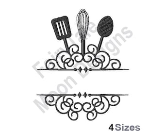 Kitchen Utensils Split Frame Monogram - Machine Embroidery Design, Spatula, Mixing Spoon, Whisk, Baking Tools Embroidery Pattern, Name Drop
