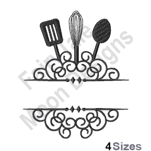 Kitchen Utensils Split Frame Monogram - Machine Embroidery Design, Spatula, Mixing Spoon, Whisk, Baking Tools Embroidery Pattern, Name Drop