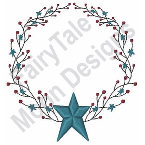 May include: A blue star with five points is centered in a wreath of black vines with red berries and blue stars.
