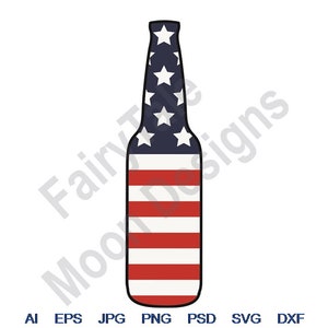 Garrafa de Cerveja Patriótica - Svg, Dxf, Eps, PNG, Jpg, Arte Vetorial, Clipart, Arquivo de Corte, Garrafa de Cerveja com Bandeira Americana Svg, Cerveja 4 de Julho Svg, Bandeira dos EUA