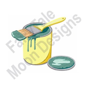 Puede incluir: Un bote de pintura amarillo con una tapa verde y un pincel con cerdas verdes que sobresalen de la parte superior. La pintura gotea del bote.