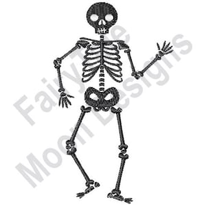 May include: A black and white skeleton illustration with a simple design. The skeleton is standing with one arm raised and a hand outstretched.