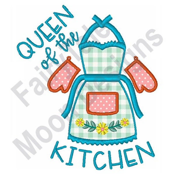 Queen Of The Kitchen Applikation - Maschinenstickdatei, Kochschürze Stickdatei, Kochschürze Applikation, Ofenbestickung, Küchenschürze
