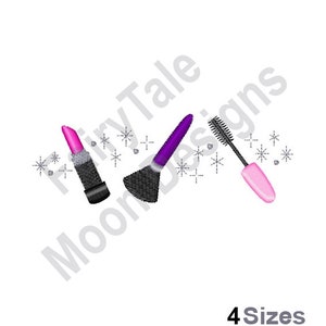 May include: A set of three makeup tools, including a pink lipstick, a purple eyeshadow brush, and a pink mascara wand. The tools are surrounded by silver glitter stars.