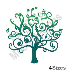 May include: An embroidered design of a tree with musical notes and symbols in shades of green and teal. The tree trunk is a darker teal, with the leaves and musical notes in lighter shades. The text "4 Sizes" is at the bottom.