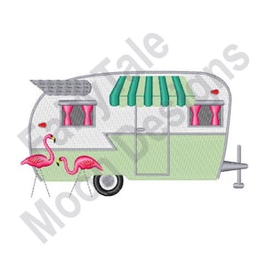 Camper And Flamingos - Machine Embroidery Design, Travel Trailer Embroidery Pattern, RV Camper Embroidery Design, Camping Flamingos Pattern
