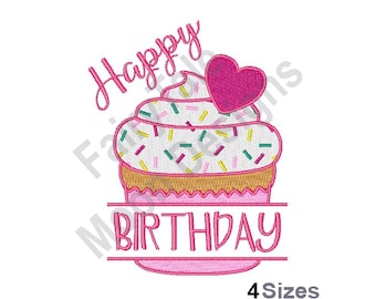 Happy Birthday - Machine Embroidery Design, Birthday Cupcake Embroidery Pattern, Sweet Cake Dessert Embroidery Design, Birthday Cake Pattern