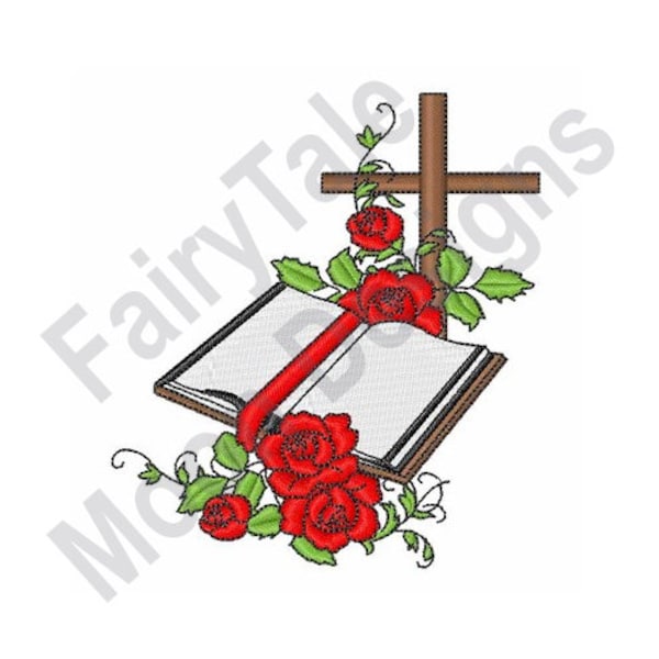 Bibel & Rosen - Maschinenstickdatei, Christliches Kreuz Stickmuster, offene Bibelstickerei, Christliche Stickdatei