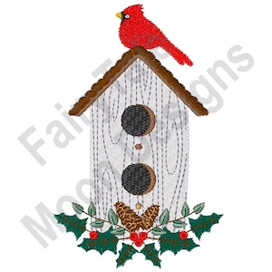 Weihnachtskardinal-Vogelhaus - Maschinenstickerei, Dekoriertes Vogelhaus-Design, Weihnachtsdekoration, Kardinal-Vogel-Muster