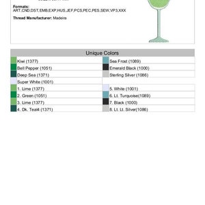 May include: Lime Margarita embroidery design featuring a green margarita glass with a lime wedge and two black straws. The design is 3.55 inches by 2.61 inches and includes 4,750 stitches. The design is available in a variety of formats, including ART, CND, DST, EMB, EXP, HUS, JEF, PCS, PEC, PES, SEW, VP3, and XXX. The thread manufacturer is Madeira.