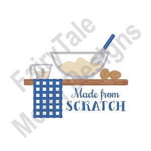 May include: A blue and white checkered kitchen towel hangs on a wooden counter with a mixing bowl, whisk, measuring cup, and two brown logs. The text "Made from SCRATCH" is below the counter.