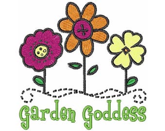 Garden Goddess - Machine Embroidery Design, Colorful Spring Flowers Embroidery Pattern, Gardening Embroidery Design