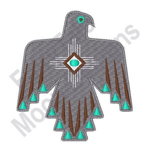 May include: A gray stylized bird with brown and turquoise accents. The bird has a geometric design on its chest with a turquoise diamond in the center.