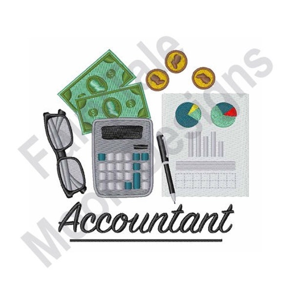 Accountant Profession - Machine Embroidery Design, Accounting Tools Embroidery Pattern,  Dollar Bills & Coins, Calculator, Financial Graphs