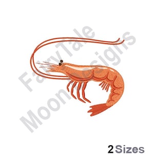 May include: An embroidered design of a red shrimp with curled antennae. The shrimp is facing right and has a detailed design of its body and legs.