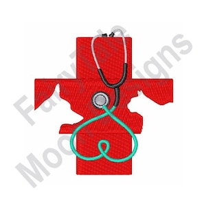 Puede incluir: Cruz roja médica con un estetoscopio en forma de corazón y una silueta blanca de la cabeza de un perro.