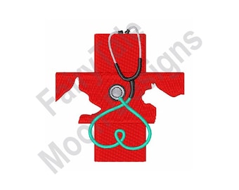 Puede incluir: Cruz roja médica con un estetoscopio en forma de corazón y una silueta blanca de la cabeza de un perro.