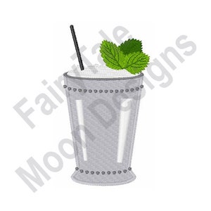 May include: A silver cup with a white drink and a green mint garnish. A black straw sticks out of the drink.