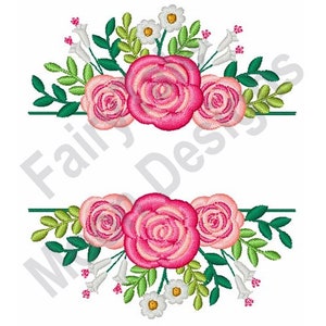 May include: An embroidery design featuring pink roses, white daisies, and green leaves. The design is ideal for creating a beautiful and delicate border for a variety of projects.