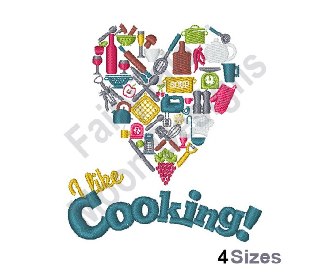 I Like Cooking Machine Embroidery Design, Kitchen Utensils Embroidery Pattern, Heart Embroidery