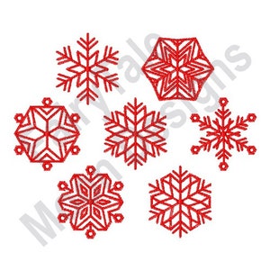 May include: Seven red snowflake designs, each with a unique pattern, perfect for embroidery or crafting projects.