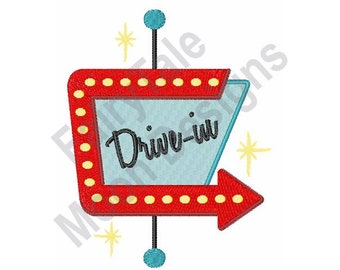 May include: A red and yellow drive-in sign with a blue background and the text "Drive-in" in black. The sign has a light bulb border and a pointed arrow.