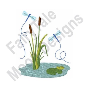 Cattails & Dragonflies - Machine Embroidery Design, Cattails Embroidery Pattern, Water Lily Pond Embroidery Design, Dragonfly Design