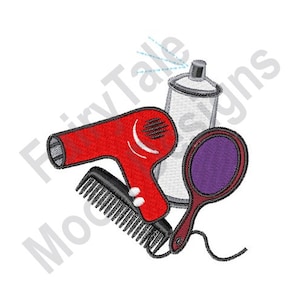 Puede incluir: Un secador de pelo rojo, una lata de laca blanca y un espejo de mano morado con un mango negro. La lata de laca tiene un spray azul que sale de la parte superior.