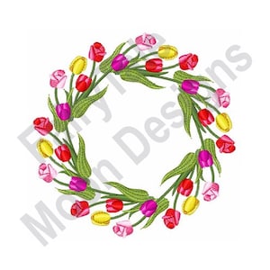 May include: A wreath of colorful tulips in shades of pink, red, yellow, and white. The tulips are arranged in a circle with green leaves.