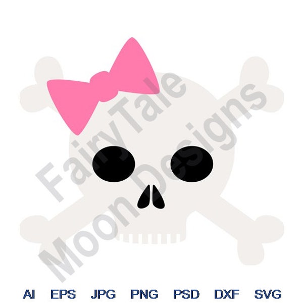 Girly Skull - Svg, Dxf, Eps, Png, Jpg, Vector Art, Clipart, Cut File, Crossed Bones Skull, Pink Bow Skull Svg, Pirate Girl Svg, Bad Girl Svg