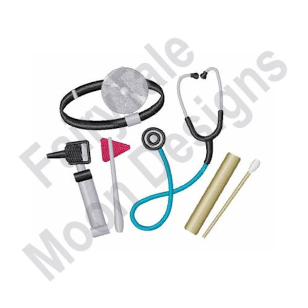 Physician's Equipment - Machine Embroidery Design, Doctor Tools Embroidery Pattern, Stethoscope, Auriscope, Head Mirror, Swab
