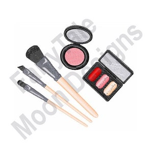 May include: A set of makeup brushes and compacts. The set includes three brushes with black handles and a blush compact with a pink blush and a black lid. There is also a black compact with three different shades of lipstick.