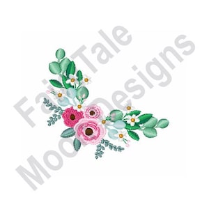 May include: A corner arrangement of pink and white flowers with green leaves. The flowers are embroidered and have a delicate, feminine look.