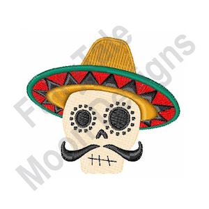 Teschio spagnolo - Disegno per ricamo a macchina, disegno per ricamo con teschio con baffi, motivo per ricamo con sombrero messicano, disegno per ricamo con teschio di Halloween