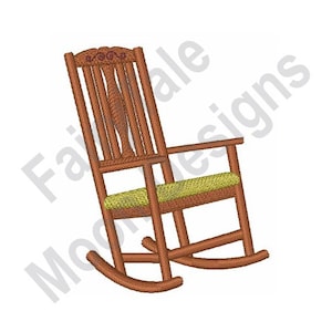 May include: A wooden rocking chair with a green cushion. The chair has a carved design on the back.