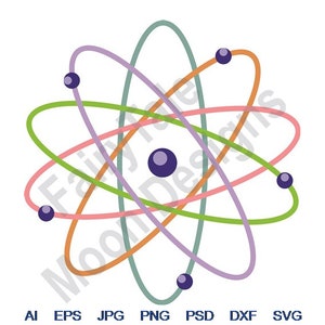 May include: A stylized illustration of an atom with a purple nucleus and five orbiting electrons. The electrons are connected to the nucleus by four different colored orbits: green, purple, orange, and pink.