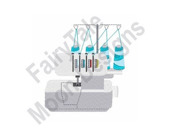 May include: A white serger sewing machine with four spools of turquoise thread.