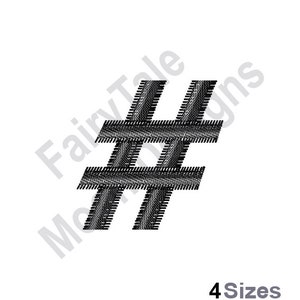 May include: Black and white hashtag symbol with a textured, tire tread design.
