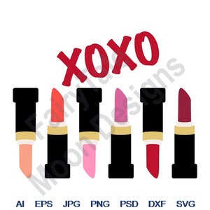 XOXO - Svg, Dxf, Eps, Png, Jpg, Vector, Clipart, Archivo de corte, Abrazos y besos Svg, Tubos de lápiz labial, Borde de tubo de lápiz labial, Cosméticos para mujer